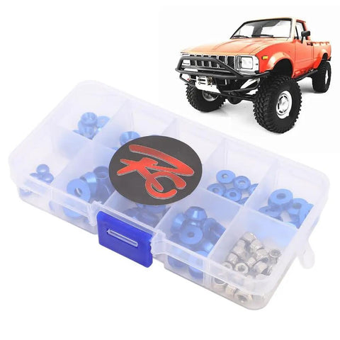 RC Car Hardware Fastener Kit With M2.5 M3 M4 Flat And Round Head Washers And Nuts, Assorted Screws And Washers In A Clear Storage Box, Great For 1/8 And 1/10 Scale RC Cars, Blue, 128x65x22 mm