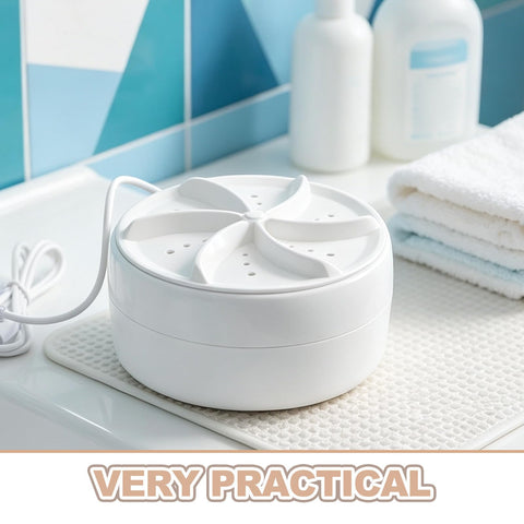 Slick Mini Turbo Washing Machine With Portable Compact Washer Setup For Quick Travel Laundry Loads And Gentle Automatic Clean, white plastic design.