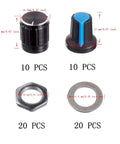 10K Ohm Rotary Potentiometer Kit 20 Sets with black aluminum and blue plastic knobs, nuts, and washers, shown with measurements.