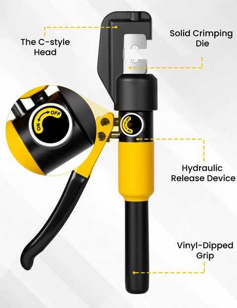 10 Ton Hydraulic Crimping Tool For Battery Cables And Lug Terminals With 9 Dies, showcasing C-style head and vinyl-dipped grip.