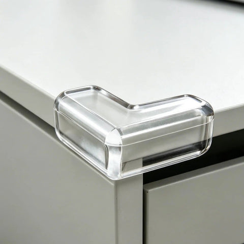 4 Pack PVC Corner Protectors For Furniture With Adhesive Backing Thickened Soft Edge Bumpers For Tables Desks And Cupboards Easy Install Kidproof Safety Guards To Minimize Injuries For Active Homes shown on desk edge