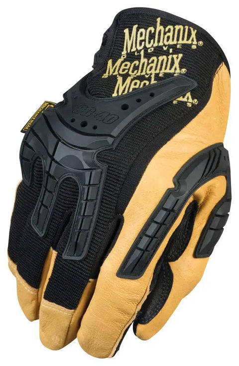 Heavy Duty Leather Work Gloves With Hi Viz TPR Knuckle Guards And Finger Protection, D3O Palm Padding Absorbs Shock, Durable Grip