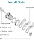 Diagram showing keyed alike cam locks for cabinets and drawers, five eighths inch cylinder, chrome finish, zinc alloy, installation parts labeled.