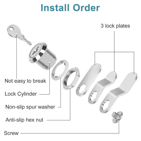 Diagram showing keyed alike cam locks for cabinets and drawers, five eighths inch cylinder, chrome finish, zinc alloy, installation parts labeled.