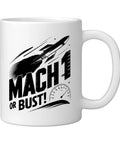 Amateur Rocketry Mug For High Power Rocketeers Mach One Fans 11 Ounce Ceramic White Cup with rocket design and Mach 1 text.