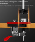 Stainless Steel Hinge Drilling Jig For 35mm Cup Hinges With Ball Bearing Guide shown in use on wooden surface