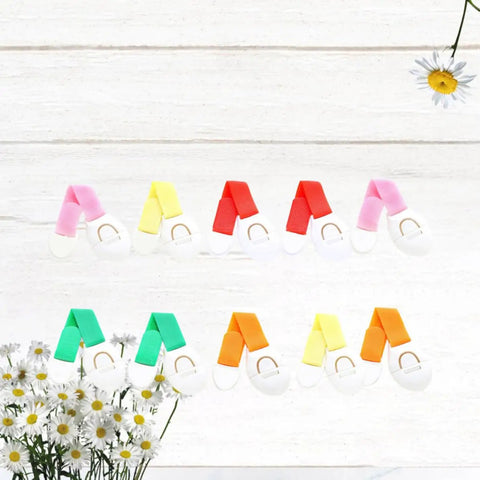 Assorted colors Stick On Cabinet Locks 10 Pack Self Adhesive PP Material Kid Proof Latches on white background with daisies.