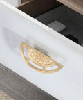 Two Pack Brushed Gold Zinc Alloy Cabinet Pulls Semi Circular Dresser Pulls installed on white drawer