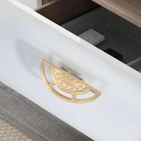 Two Pack Brushed Gold Zinc Alloy Cabinet Pulls Semi Circular Dresser Pulls installed on white drawer