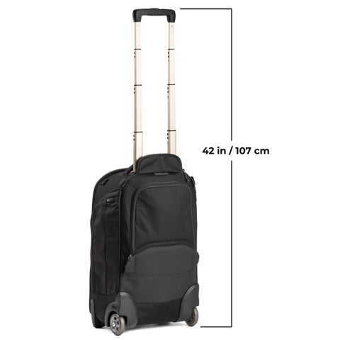 Walker Pro Rolling Camera Backpack with smooth rolling wheels and extended handle, showing 42-inch height, black durable material.