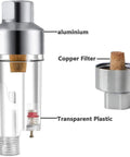 Inline Airbrush Filter With Five Micron Water Moisture Trap And Oil Separator With One Eighth Inch Threads For Moisture Free Airbrush Projects And Spring Loaded Drain Valve System featuring labeled aluminium, copper filter, transparent plastic sections.