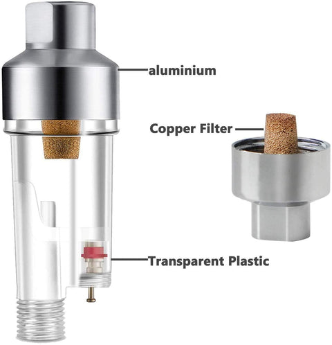 Inline Airbrush Filter With Five Micron Water Moisture Trap And Oil Separator With One Eighth Inch Threads For Moisture Free Airbrush Projects And Spring Loaded Drain Valve System featuring labeled aluminium, copper filter, transparent plastic sections.