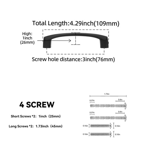 2 Pack 3 Inch Matte Black Cabinet Handles Zinc Alloy Drawer Pulls with dimensions and screws size chart shown