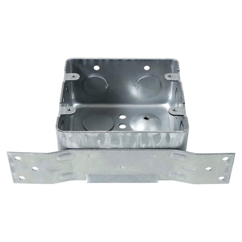 Heavy Duty Four Inch Square Electrical Box With Side Bracket For Easy Mounting Two And One Eighth Inch Deep Metal Junction Box Galvanized Built To Last With One Half Inch And Three Quarter Inch Knockouts Four Pack