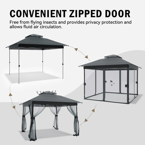 10x10 Pop Up Gazebo With Mosquito Netting And Double Roof Venting, Instant Canopy Tent with zipped door, gray portable shelter