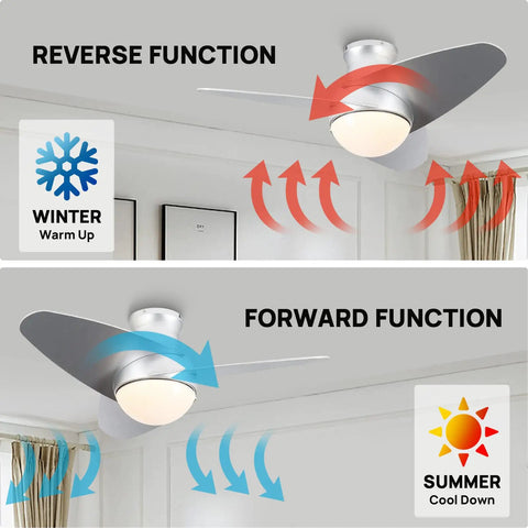36 Inch Low Profile Ceiling Fan With Lights Flush Mount Reversible DC Motor Dimmable LED 3 CCT Settings Quiet Modern Ceiling Fan For Bedroom Living Room Office No Fuss Easy Install showing reverse and forward functions with airflow arrows and seasonal icons