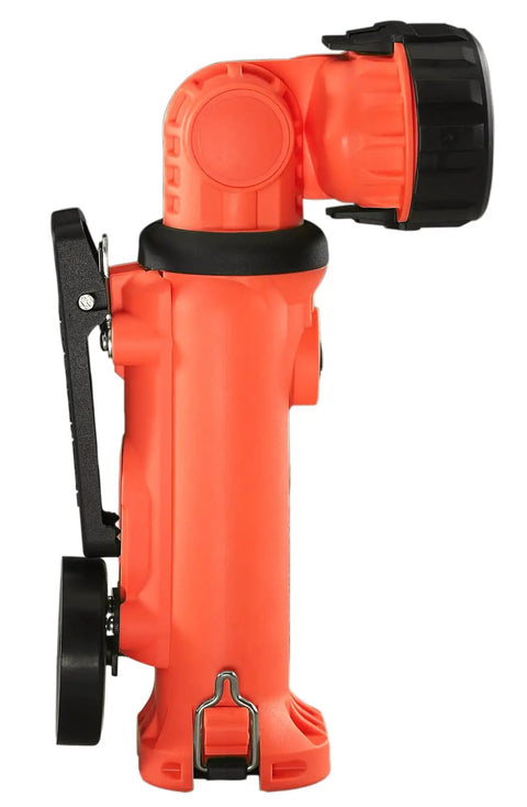 Side view of Knucklehead Rechargeable LED Work Light With Clip, 200 Lumens, Dual LEDs, 360 Degree Rotating Head, Orange, IPX4 Water Resistant