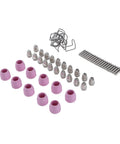 Gorgeous Glossy Plasma Cutter Torch Consumables Set For Ag60 Electrode And Nozzle With Protective Cups And Holder Rings, various parts laid out.