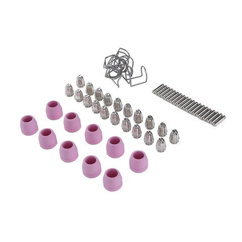Gorgeous Glossy Plasma Cutter Torch Consumables Set For Ag60 Electrode And Nozzle With Protective Cups And Holder Rings, various parts laid out.