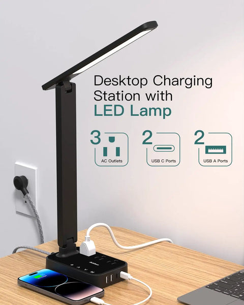 LED Desk Lamp With Built In Power Strip, 3 Outlets And 4 USB Ports Including 2 USB C, Killer Lighting Modes And Five Level Brightness