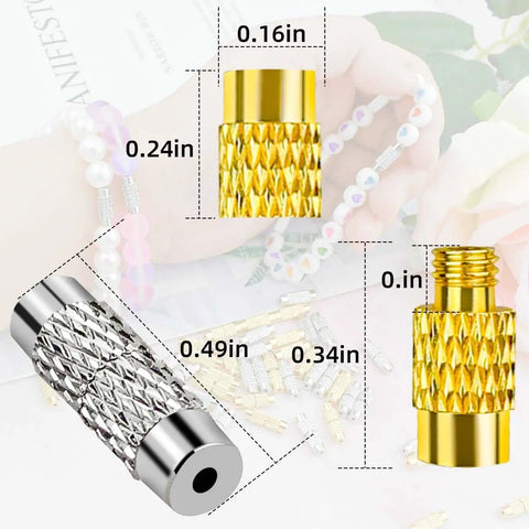 50 Pcs Brass Screw Twist Clasps For Jewelry Making Kit with gold and silver clasps, dimensions labeled, suitable for DIY projects.