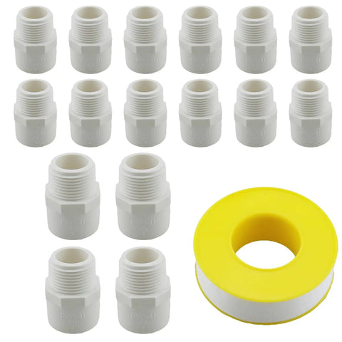 16 Pack Three Quarters Inch NPT PVC Pipe End Adapter Connector White Male Thread For Subsurface Drip Irrigation Systems Pools And Outdoor Projects Durable PVC Fittings Easy Install
