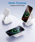 Traveling Wireless MagSafe 3 in 1 Fast Charging Station with phone and watch charging, foldable white design, adjustable angles.