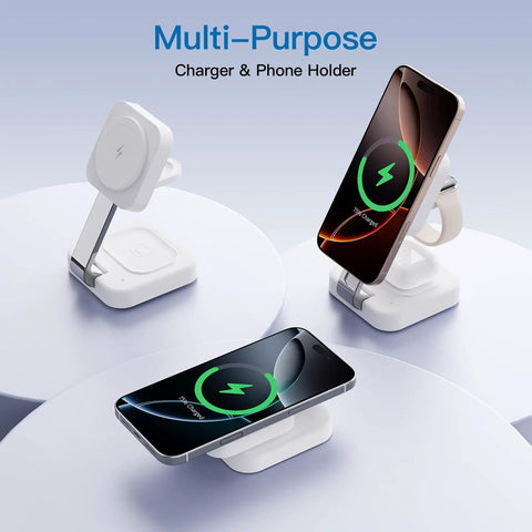 Traveling Wireless MagSafe 3 in 1 Fast Charging Station with phone and watch charging, foldable white design, adjustable angles.