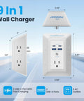 Multi Wall Outlet Surge Protector Plug And Play Setup With Five Adapter Spaced Outlets Four Usb C Fast Charge Ports Soft Night Light Etl Safe White Home Office Must Have, 9 in 1 wall charger with USB ports and AC outlets.