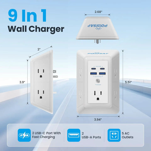 Multi Wall Outlet Surge Protector Plug And Play Setup With Five Adapter Spaced Outlets Four Usb C Fast Charge Ports Soft Night Light Etl Safe White Home Office Must Have, 9 in 1 wall charger with USB ports and AC outlets.
