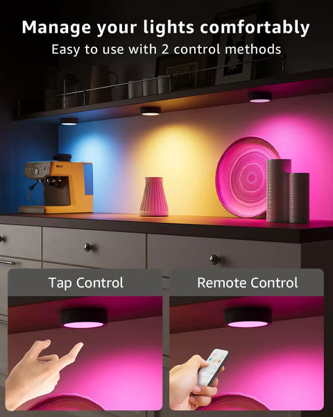 Motion Sensor Puck Lights With Remote No Fuss 2400mAh Rechargeable RGBW Wireless Under Cabinet Lighting Kit shown in use