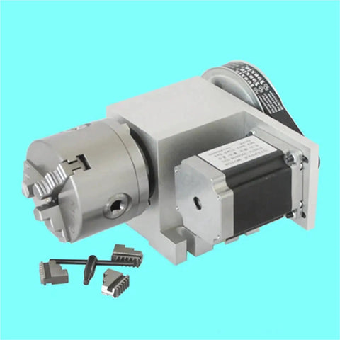 Beefed Up 4 Axis Cnc Rotary A Axis Indexing Head Featuring Rock Solid Nema23 Motor Precision with 80 100 mm chuck and parts.