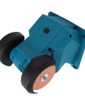 Badass Cordless Mini Bench Grinder Featuring Dual Grinding Wheels And A Rock Solid Suction Mount For Zero Vibration Sharpening And Precision Workshop Projects, side view with blue casing and rubber wheels.