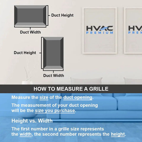 Guide on how to measure a grille for HVAC systems with diagrams showing duct height and width.