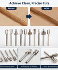 Top Tier 10 Piece Carbide Router Bit Set With One Eighth Inch Shank For Rotary Tools focusing on sharp cutting edges and profiles