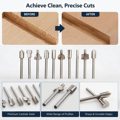 Top Tier 10 Piece Carbide Router Bit Set With One Eighth Inch Shank For Rotary Tools focusing on sharp cutting edges and profiles