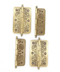 Set Of 4 Embossed Brass Hinges With Floral Pattern For Wooden Chest Trunk Cabinet Cupboard Doors, Old School Vintage Look