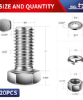 Beefy 1/4-20 Hex Head Bolt Kit With Nuts, Flat And Lock Washers, 20 Pcs, 304 Stainless Steel specifications diagram
