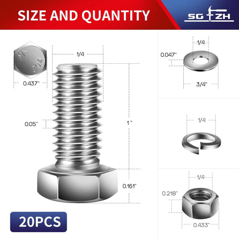 Beefy 1/4-20 Hex Head Bolt Kit With Nuts, Flat And Lock Washers, 20 Pcs, 304 Stainless Steel specifications diagram