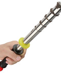 No Sweat Neodymium Shop Magnet Wand With Telescoping Pole and Snappy Release Trigger held in hand, showing brushed metal finish with metal shavings.