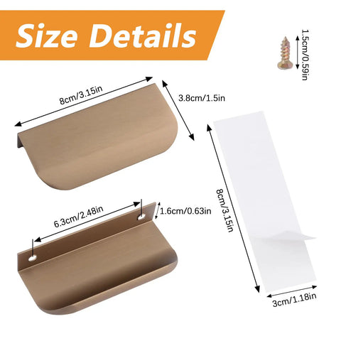 4 Pack Self Adhesive Rounded Edge Drawer Pulls Concealed Aluminum Alloy Invisible Wardrobe Handles 80mm Bronze Size Details