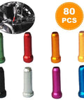 Colorful Bike Cable End Caps Set, Alloy End Crimps In Red Black Gold Silver Green Blue Purple Orange, 80 Pieces, Fits 1mm To 1.8mm Cables, 0.47 Inch Length, Brake And Shifter Tips For Road MTB, displayed in various colors.