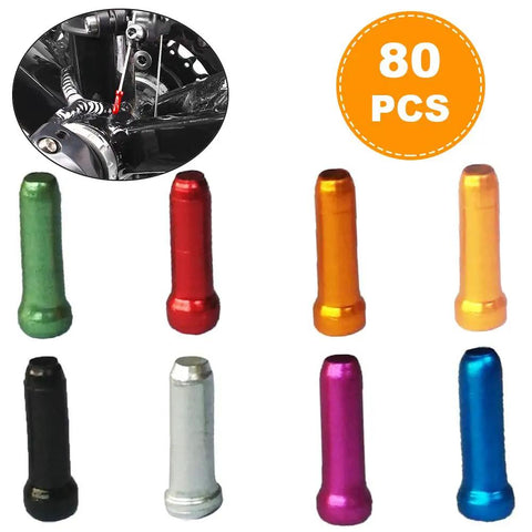 Colorful Bike Cable End Caps Set, Alloy End Crimps In Red Black Gold Silver Green Blue Purple Orange, 80 Pieces, Fits 1mm To 1.8mm Cables, 0.47 Inch Length, Brake And Shifter Tips For Road MTB, displayed in various colors.