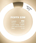 Circular fluorescent light bulb 22W, 3000K, G10q base, showing lumen and lifespan details
