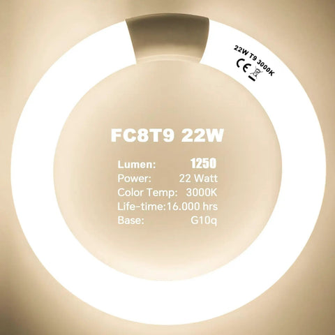 Circular fluorescent light bulb 22W, 3000K, G10q base, showing lumen and lifespan details