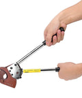 Heavy Duty Manual Ratchet Cable Cutter With Manganese Steel Blade for thick copper aluminum and steel cables in use, 9.1 inch length.