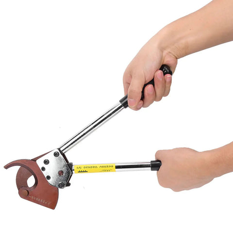 Heavy Duty Manual Ratchet Cable Cutter With Manganese Steel Blade for thick copper aluminum and steel cables in use, 9.1 inch length.