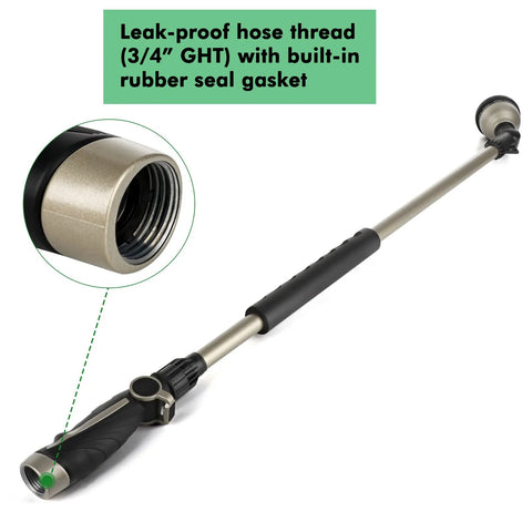 RESTMO 36-inch metal watering wand with 180° swivel head, 10 spray patterns, and thumb flow control; side view.
