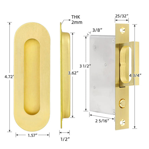Diagram of Sliding Pocket Door Handles Set 4.72 Inch Recessed Flush Finger Pulls In 304 Stainless Steel With dimensions and gold finish