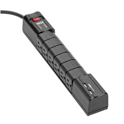 Six Rotatable Outlets Surge Protector Power Strip With Eight Foot Cord And Two USB Ports For Home Office And Electronics, Black